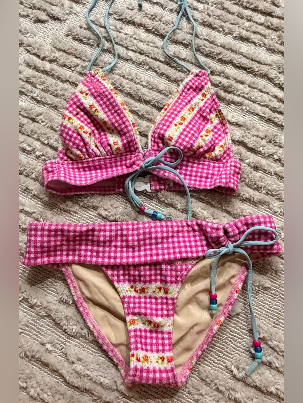 Coco Loco Pink Gingham Floral Tie Bikini Set